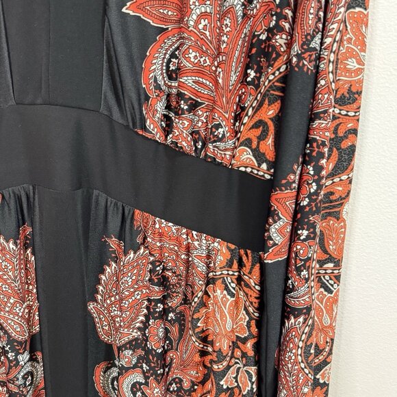 Vintage Y2K Antthony Maxi Dress L Paisley Orange Black Empire Long Sleeve V-neck - Picture 4 of 9
